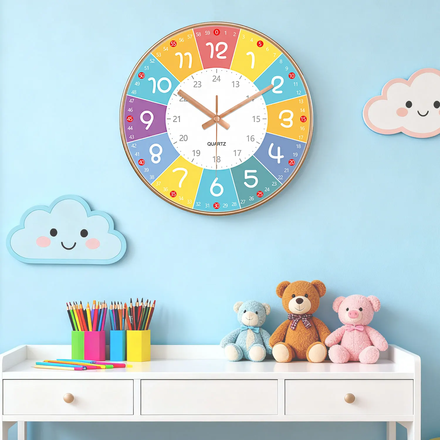 Early Education Silent Wall Clock Living Room Kids Bedroom Clock Non Ticking Analog Clock Time Teaching Wall Clock 8/10/12 Inch