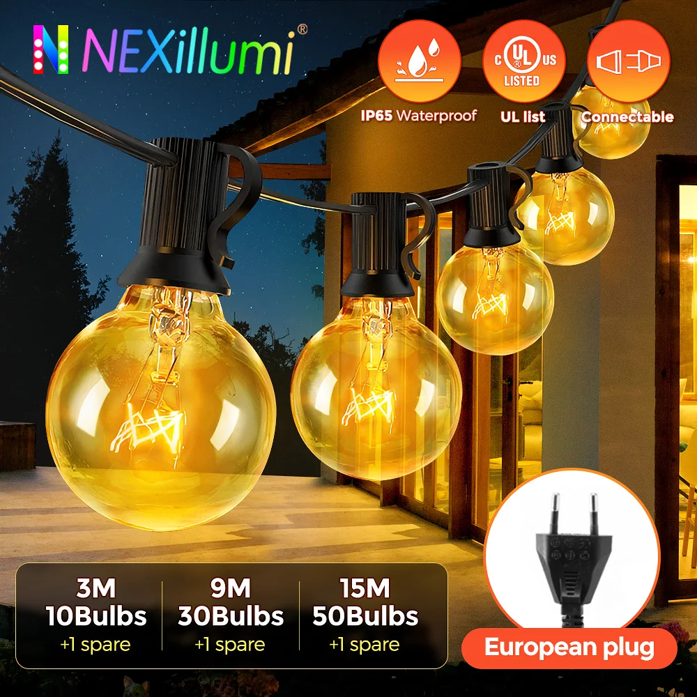 15M/50FT G40 Tungsten Patio String Outdoor Garland Lights, Globe Waterproof Lamp Bulbs, US/EU Plug for Party, Wedding, Backyard