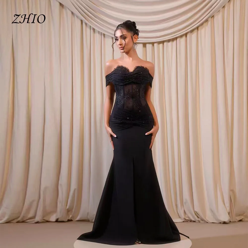

ZHIO Изысканное черное вечернее платье с открытыми плечами и бисером Русалка со шлейфом для торжественных случаев Платье для выпускного вечера в Саудовской Аравии на заказ