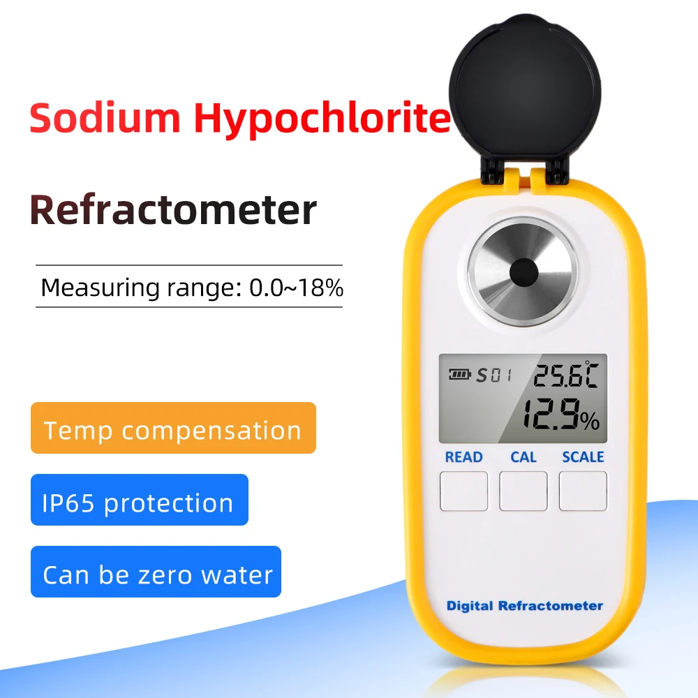 

Digital Sodium Hypochlorite Refractometer Measuring NaClO Content Meter 0~18% Refractometer Bleaching Agents Disinfectant Test