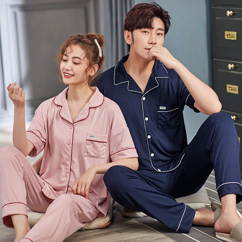 Cotton Cardigan Short Sleeve Long Pant Nightwear for Couples Fashion Summer Spring Sleepware Men Women Pijamas Pyjamas Hombre