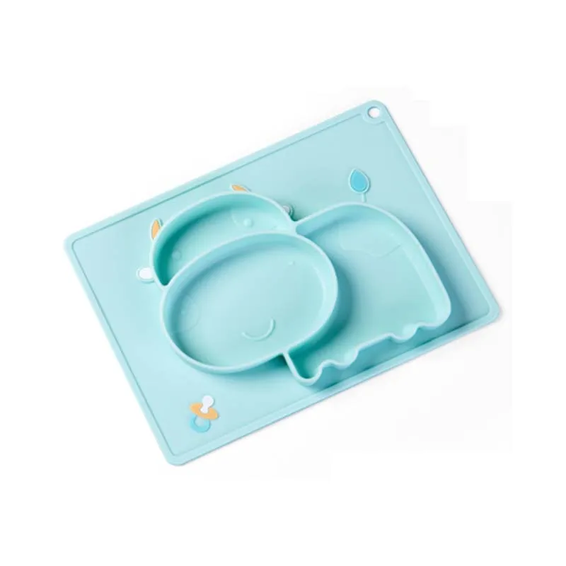 3 Sections Baby Self-Feeding Plate, Non-Slip Silicone Kids Dinner Plate, Portable Divided Plate with Sucker for Toddlers (Cow)