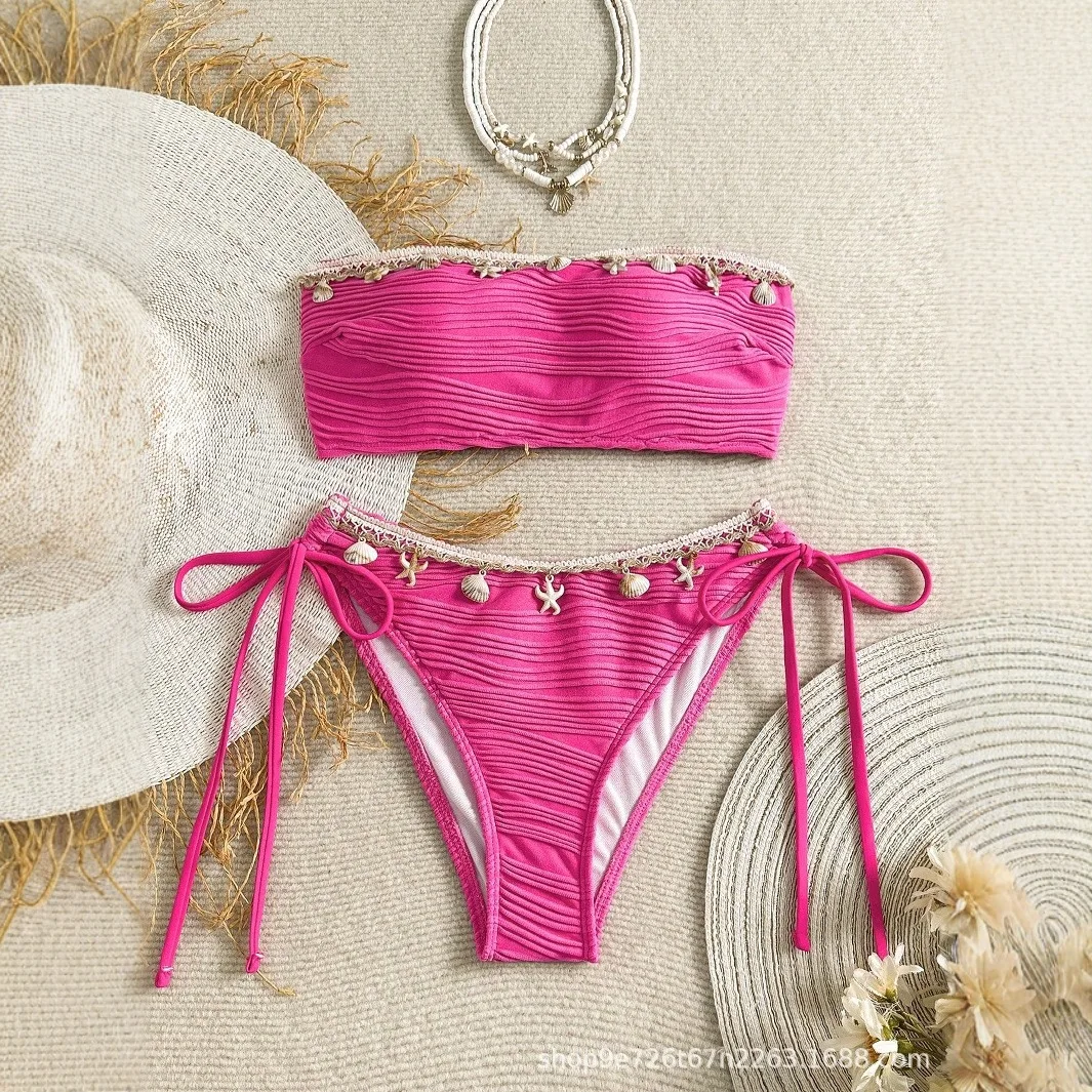 

2025 Summer New Sexy Lace Up Strapless Women Split Swimsuit Fashion Shell Tassel Decoration Female Bikini Sets