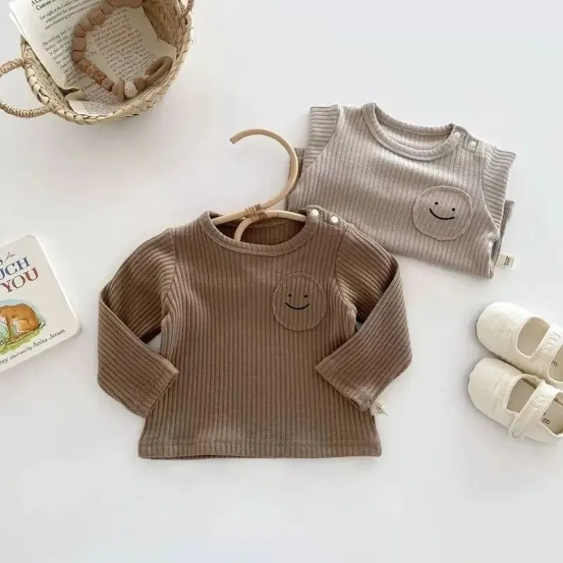 

Baby T-shirt, casual round-neck long-sleeved top, children versatile base with shoulder buckle