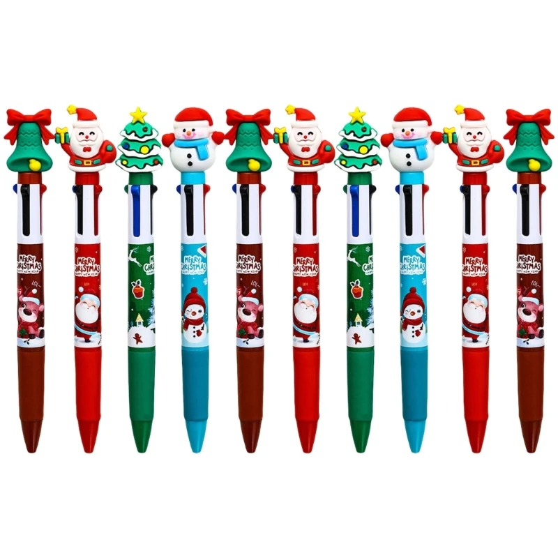 10Pcs Christmas Multicolor Pen for Student Adult, 4 Color-in-1 Ballpoint Pen Retractable Ballpoint Pen Stocking Fillers