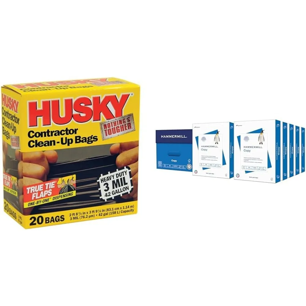 Sacchetti per la pulizia degli appaltatori Husky da 42 galloni e carta da copia Hammermill da 20 libbre 8,5 x 11