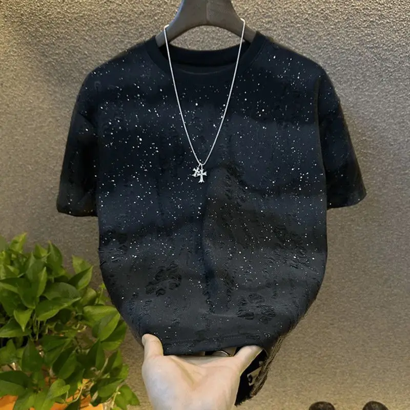 Men's New Vintage Tie-Dye Short Sleeve Black Wash With Old Ripped sequins Loose TShirts Casual Streetwear Hip Hop Tee Shirt