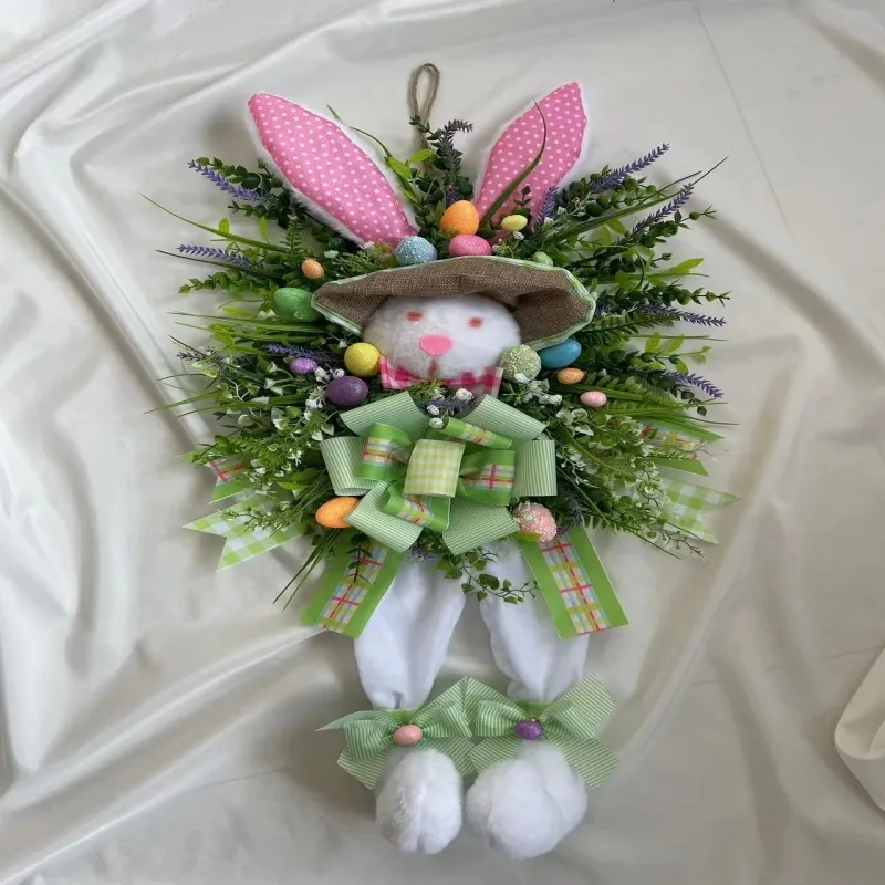 Easter Bunny Decorative Garland Pendant with Easter Cartoon Theme Simulated Plant Door Hanging Ornament Easter Bunny Door Hanger