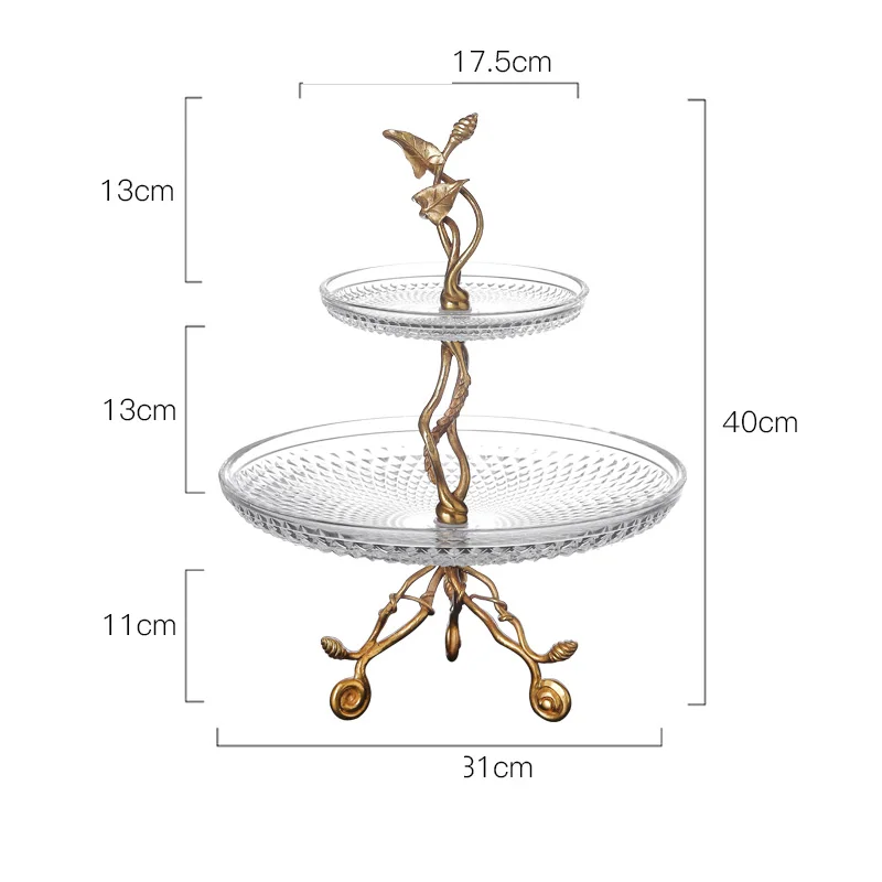 European Winding Tree Branch Leaves Brass Crystal Glass Double Fruit Plate Cake Dessert Stand Living Room Coffee Table Ornaments