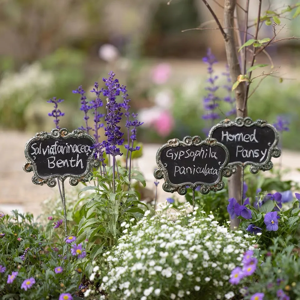 Decorative Garden Plant Markers with Chalkboard, Vintage Metal Stake Labels, Ornate Frame Design, Set of 3