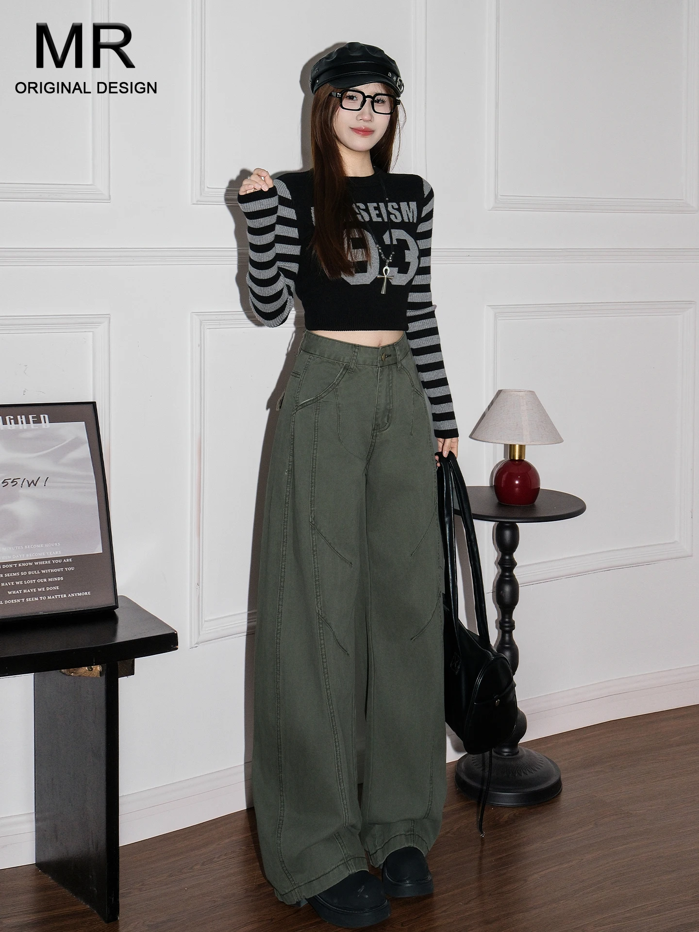 

Широкие джинсы в американском стиле, женские, с высокой талией, свободного кроя, стройнящие, длинные брюки цвета хаки, летняя новинка