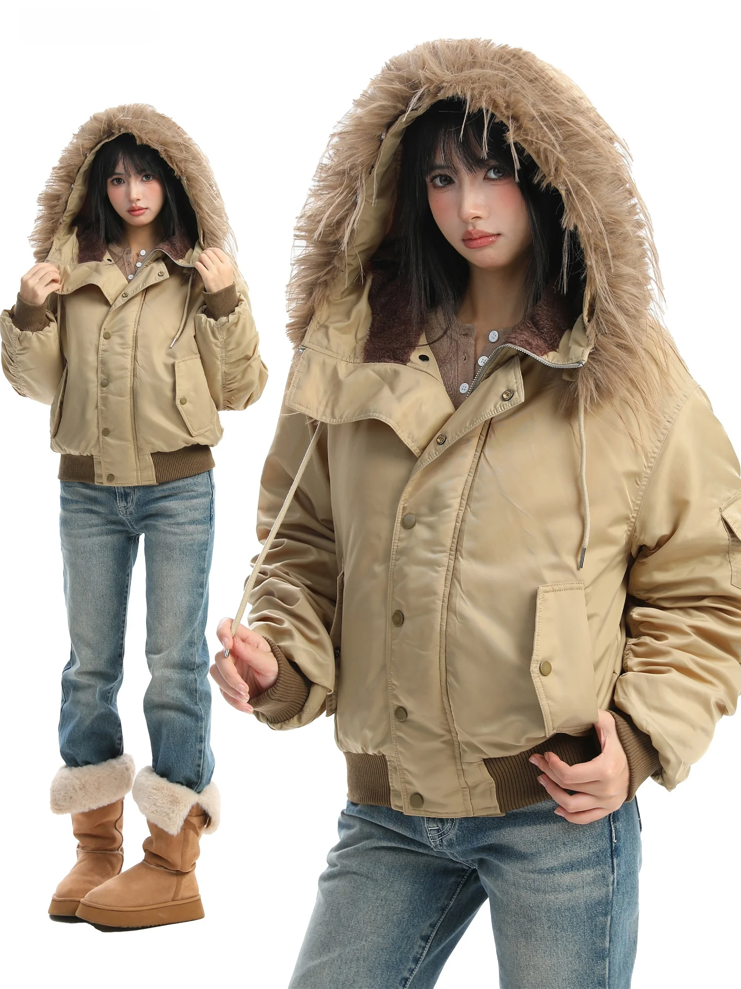 

Thiened American Sle Pilot Coat Women's Cotton Jaet Hooded Parka Removable Fur Collar Warm Winter Outerwear
