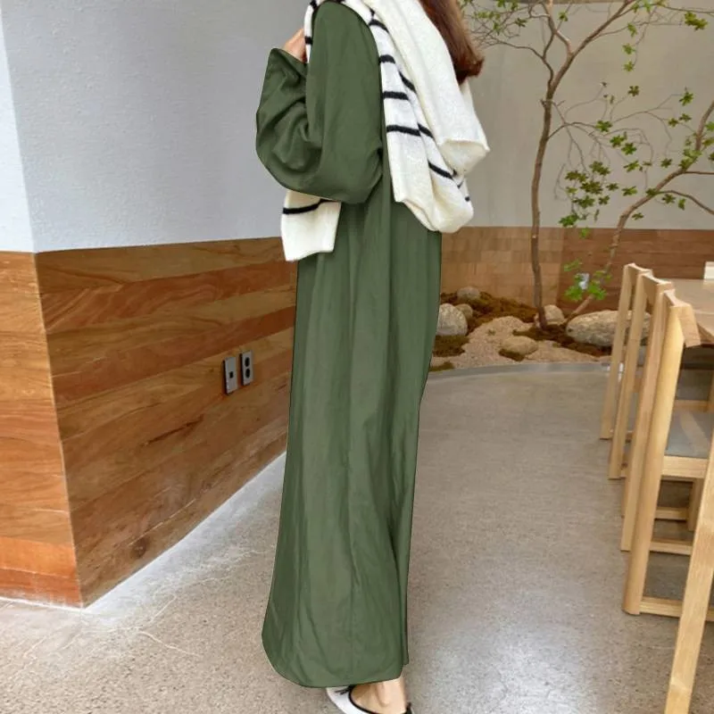 2024 V Neck Maxi Dress New Fsahion Elegant Solid Color Cotton Long Sleeve Fall Spring Temperament Loose Plus Size  Female Dress