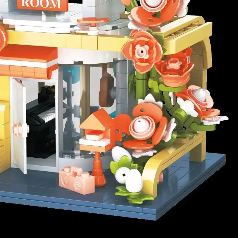 Bloques de construcción de tienda de flores, vista de calle de ciudad, sala de música, estudio de baile, Museo de arte, arquitectura, modelo de ladrillos, juguetes para niños, regalos para niñas