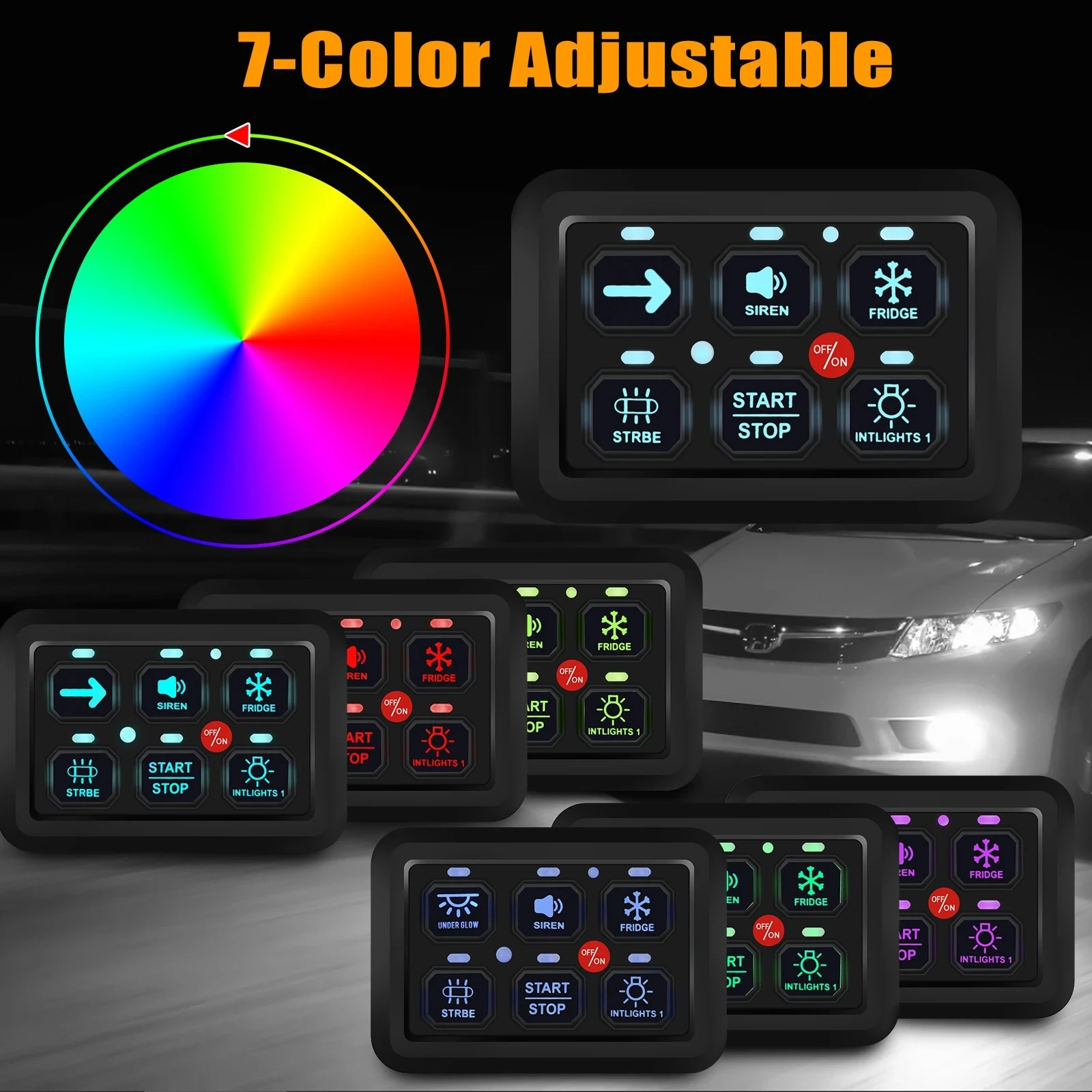 

New 6 Gang Switch Panel 7 Colors Adjust LED Circuit Control Relay System Box Slim Touch Control Panel for Boat Jeep UTV Caravan