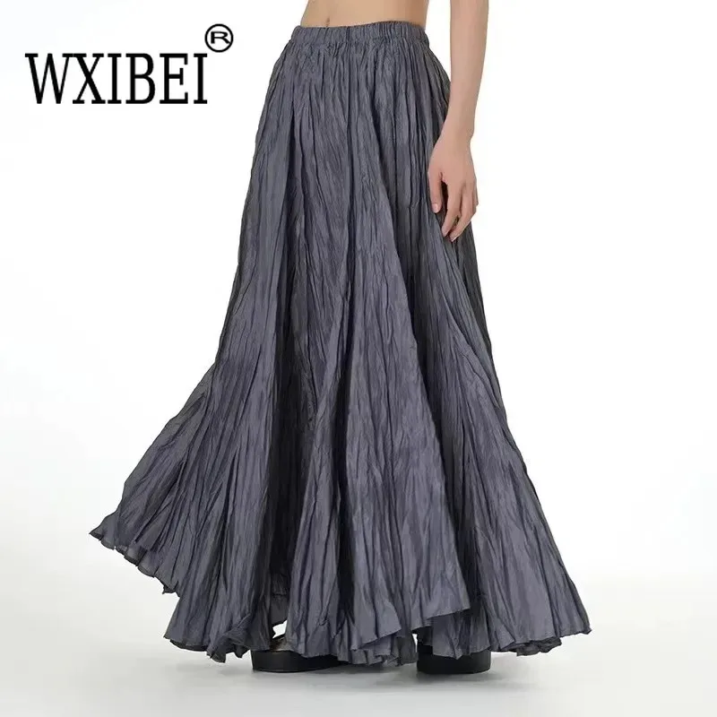 Elegant Drape Crumpled Skirts Women Summer Elastic Waist Big-Hem Long Skirts Large Size Loose Umbrella Skirts Female Streetwear