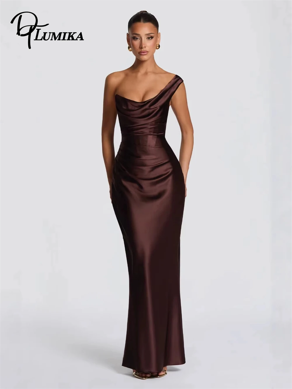 DTLumika Satin One Shoulder Pleat Sexy Party Dress Robes Backless Elegant Bodycon Night Club Dress Long Summer Dress Customized