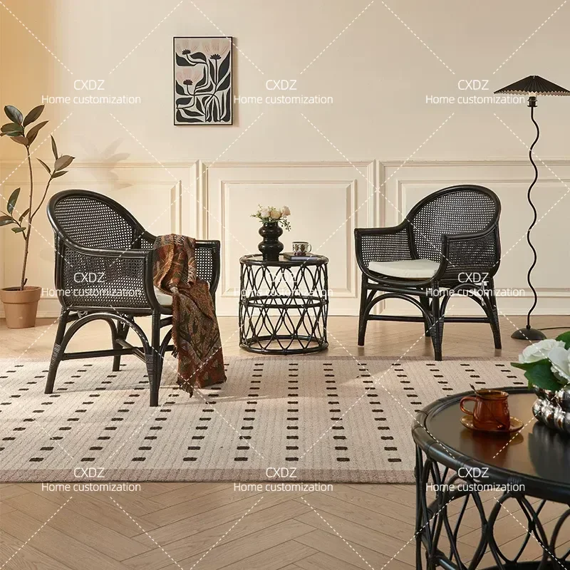 Wabi Style Rattan Armchair Single Sofa Chair Retro Three Piece Set Small Apartment Living Room Balcony Leisure Chair