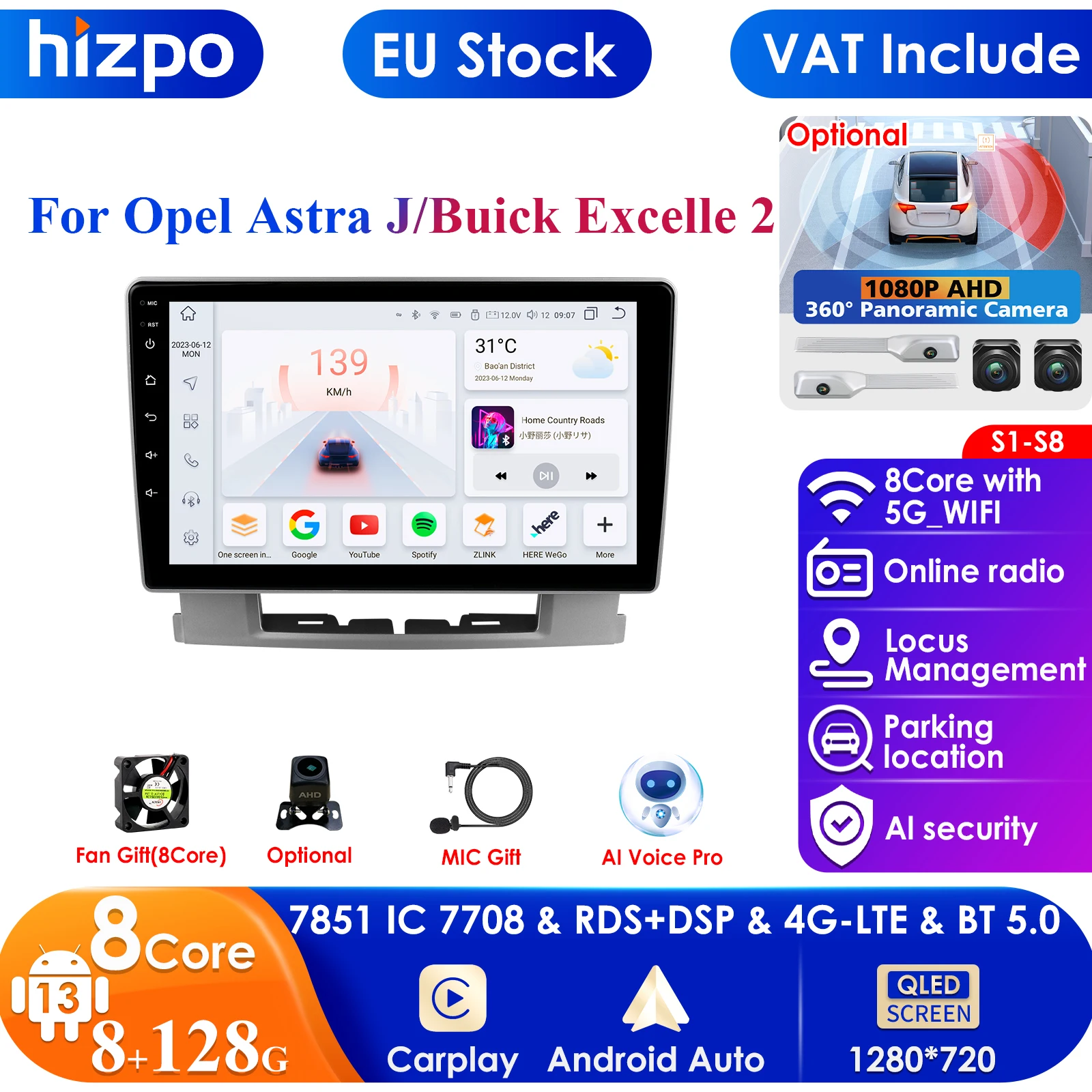 Hizpo Carplay 4G 2Din Android 13 Autoradio für Opel Astra J 2009–2017 Buick Excelle 2 2015