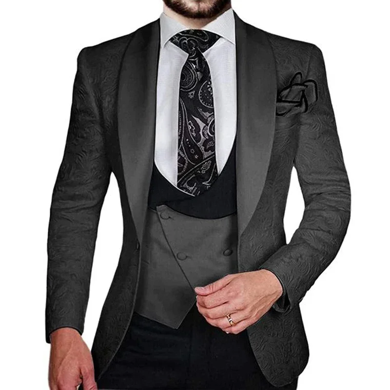 

Floral Jacquard Men Suits For Business 3 Pcss Slim Fit Shawl Wedding Tuxedo Custom Made Blazer Prom (Jacket+Vest+Pants)