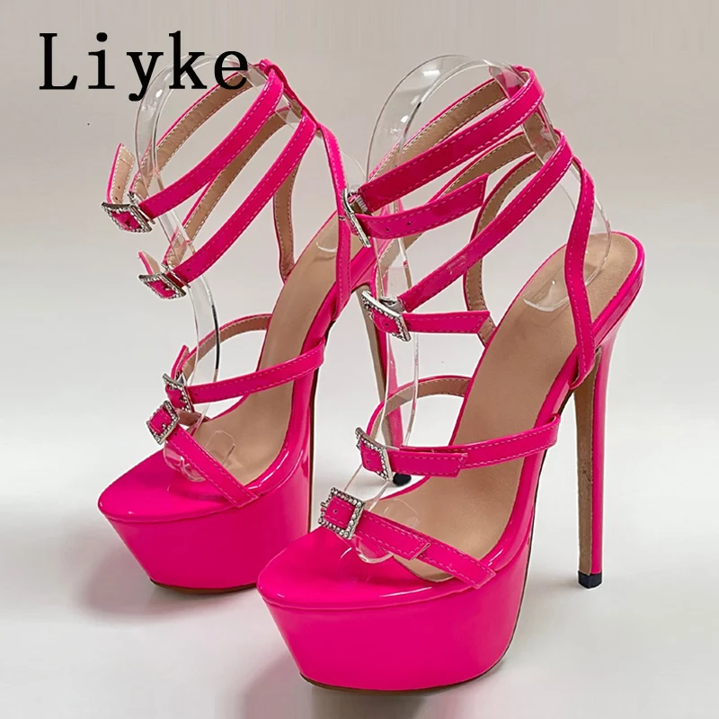 Liyke Model Catwalk Sexy Thin High Heels Women Fashion Rhinestone Buckle Open Toe Ankle Strap Platform Sandals Shoes Stiletto