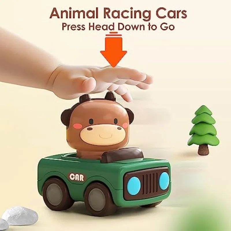 Press and Go Car Toys para crianças de 1 a 3 anos, carros de corrida de animais para bebês, conjunto de veículos infantis, brinquedos de carro de fricção Push Go para bebês