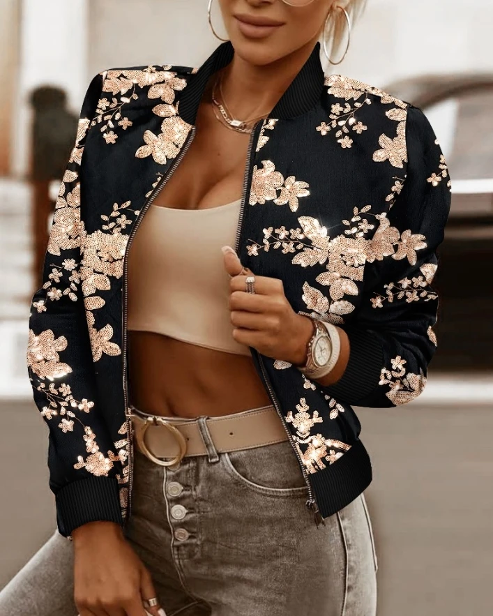 

Plus Size Women's Bomber Jacket Coats Vintage Floral Pattern Baseball Collar Long Sleeve Coat Contrast Sequin Zip Up Jacket