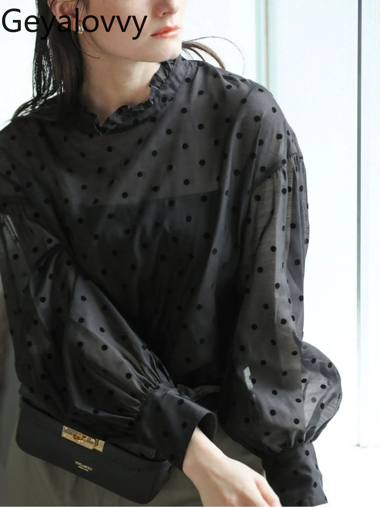 

Французская элегантная изысканная блузка с флокированным узором в горошек, высококачественная повседневная рубашка, весенне-осенние женские топы, новинка 2026 года, элегантные блузы для женщин