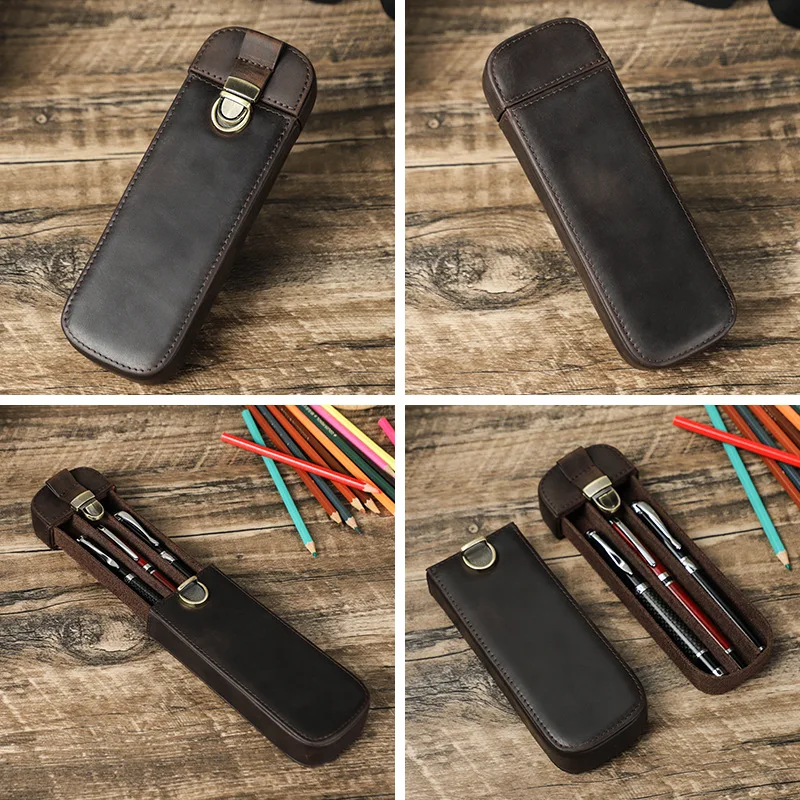 حافظة أقلام جلدية من ريترو وايلد هورس - مصنوعة يدويًا مع آلية قفل، صندوق تخزين أقلام السفر المكتبي من نوع الدرج #2