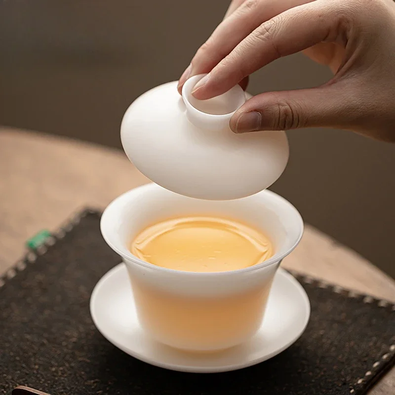 150ml Burnt Mutton Fat Jade White Porcelain Gaiwan Japanese Tea Tea Tureen Cover Bowl Ceremony Supplies Teaware Gift Box