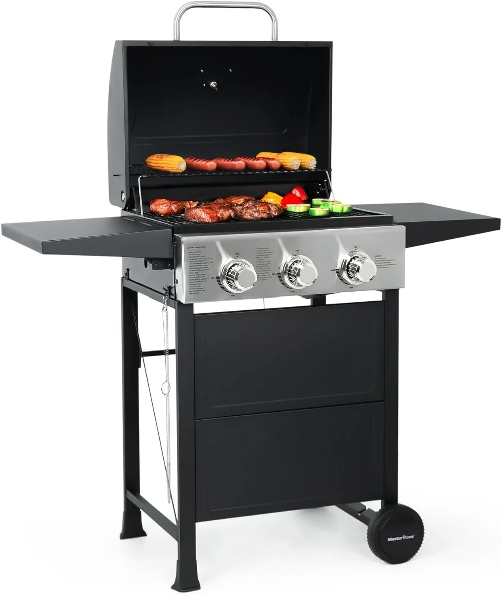 

3 Burner BBQ Propane Gas Grill, Stainless Steel 30,000 BTU Patio Garden Barbecue Grill with Two Foldable Shelves