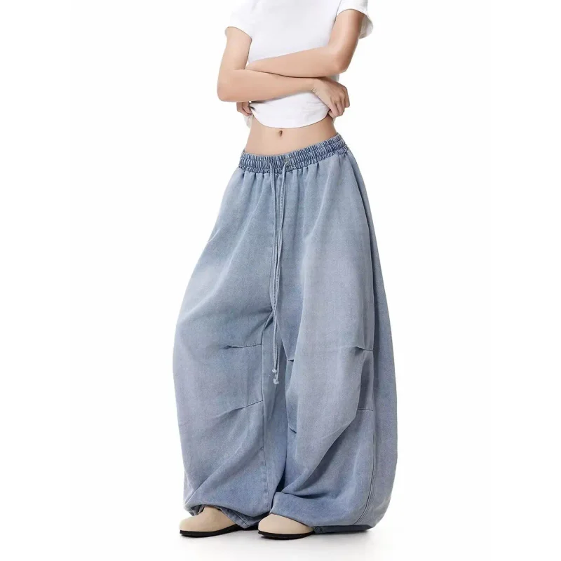 American Style Loose Fit Jazz Dance Women's Jeans Washed out Vintage Elastic Waist Wide Leg Casual Long Pants