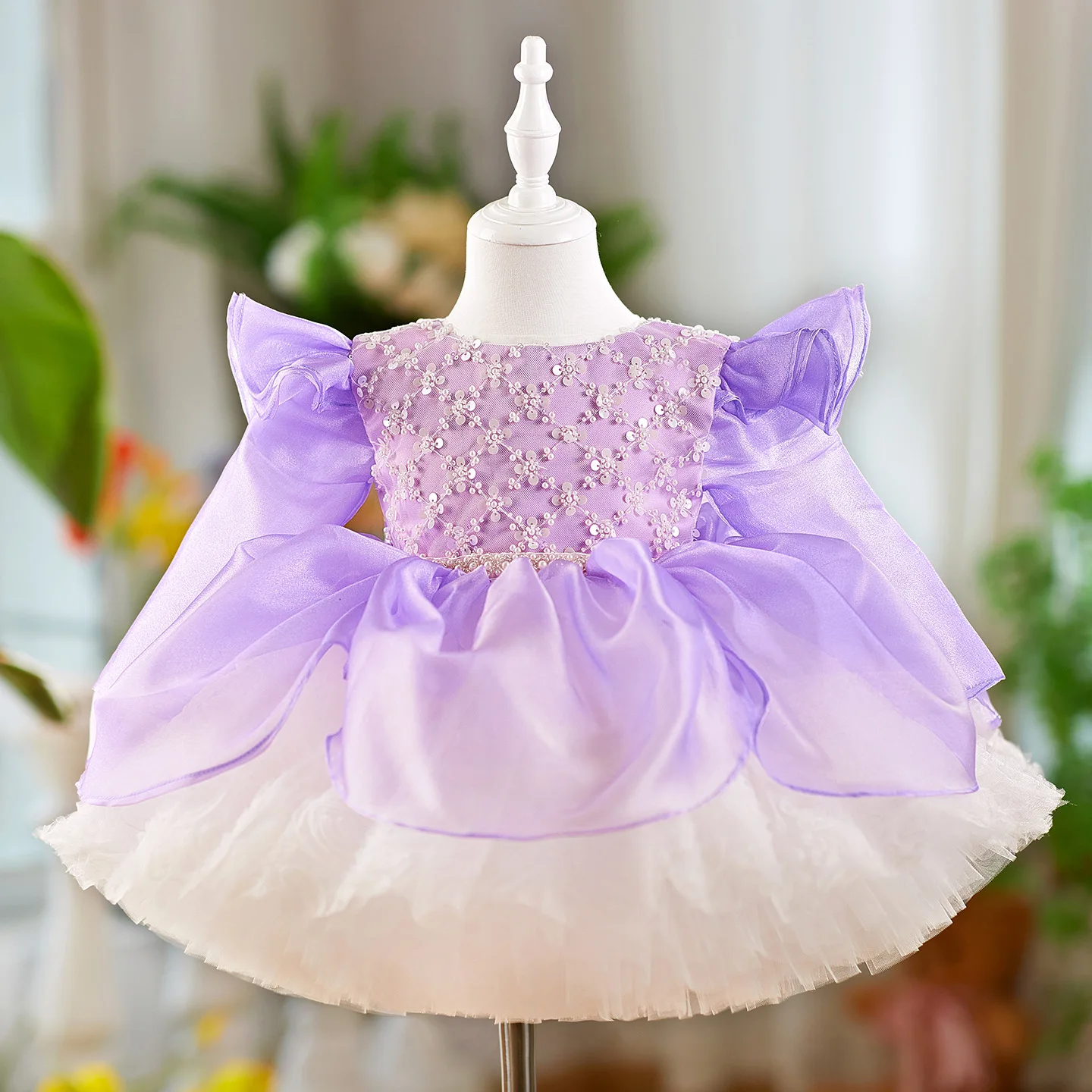 2026 New Girl Princess Skirt Puff Skirt Flying Sleeve Performance Dress Mesh Dreamy Purple Baby Fashion Dress