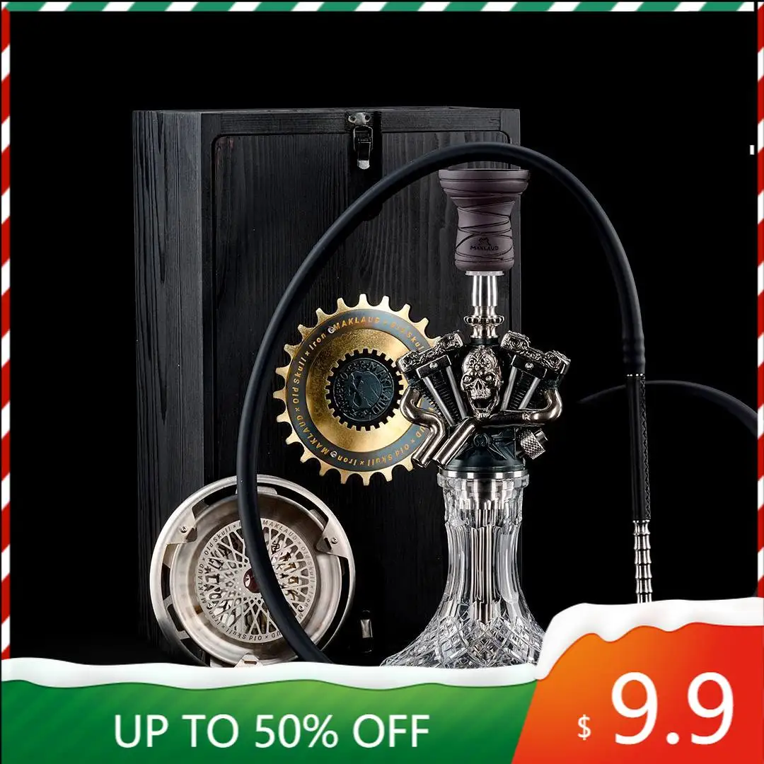 Maklaud Old Skull Iron Hookah Shisha Set 304 Stainless Steel With Pattern Glass Base Single Hose