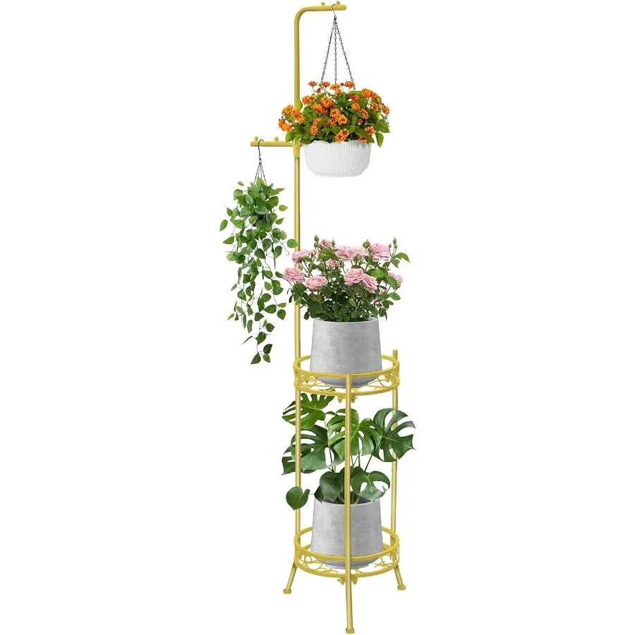 

Hanging Plant Stand Adjustable 2Tier 72 Metal Shelf Tall Indoor Outdoor Plant Rack with Hangers for 4 Potted Flowers Cor