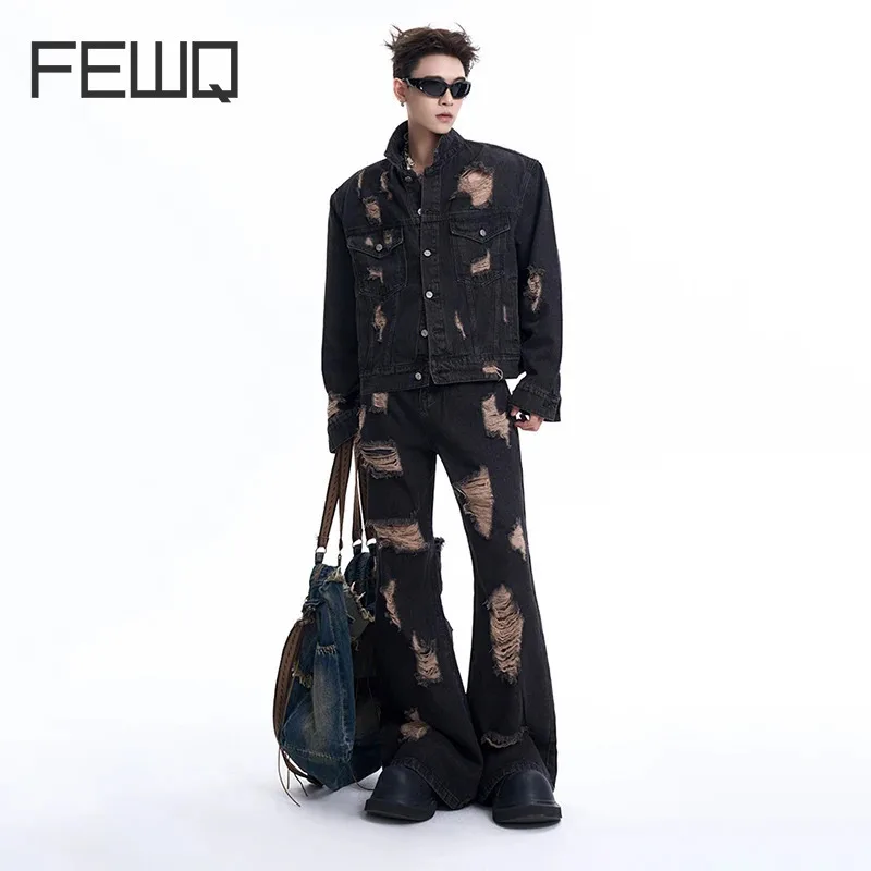 FEWQ Men\'s Shoulder Pad Denim Jacket Autumn Vintage Turn-down Collar Long Sleeve Single Breast 2024 Male Sets Fashion 24E2186