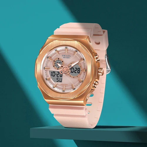 Imagen 2 del producto Relojes deportivos SMAEL para mujer, relojes impermeables de 50M para mujer, regalos para amantes rosas, relojes con diaplay de doble horario 8102, luz trasera LED Digital