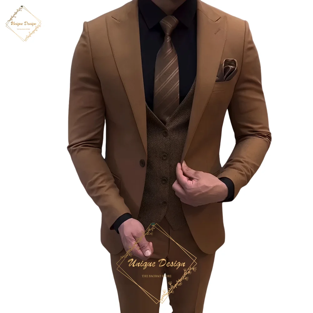 

Premium men's 3-piece suit brown single-breasted jacket pants herringbone vest custom for wedding groom ball party outdoor event