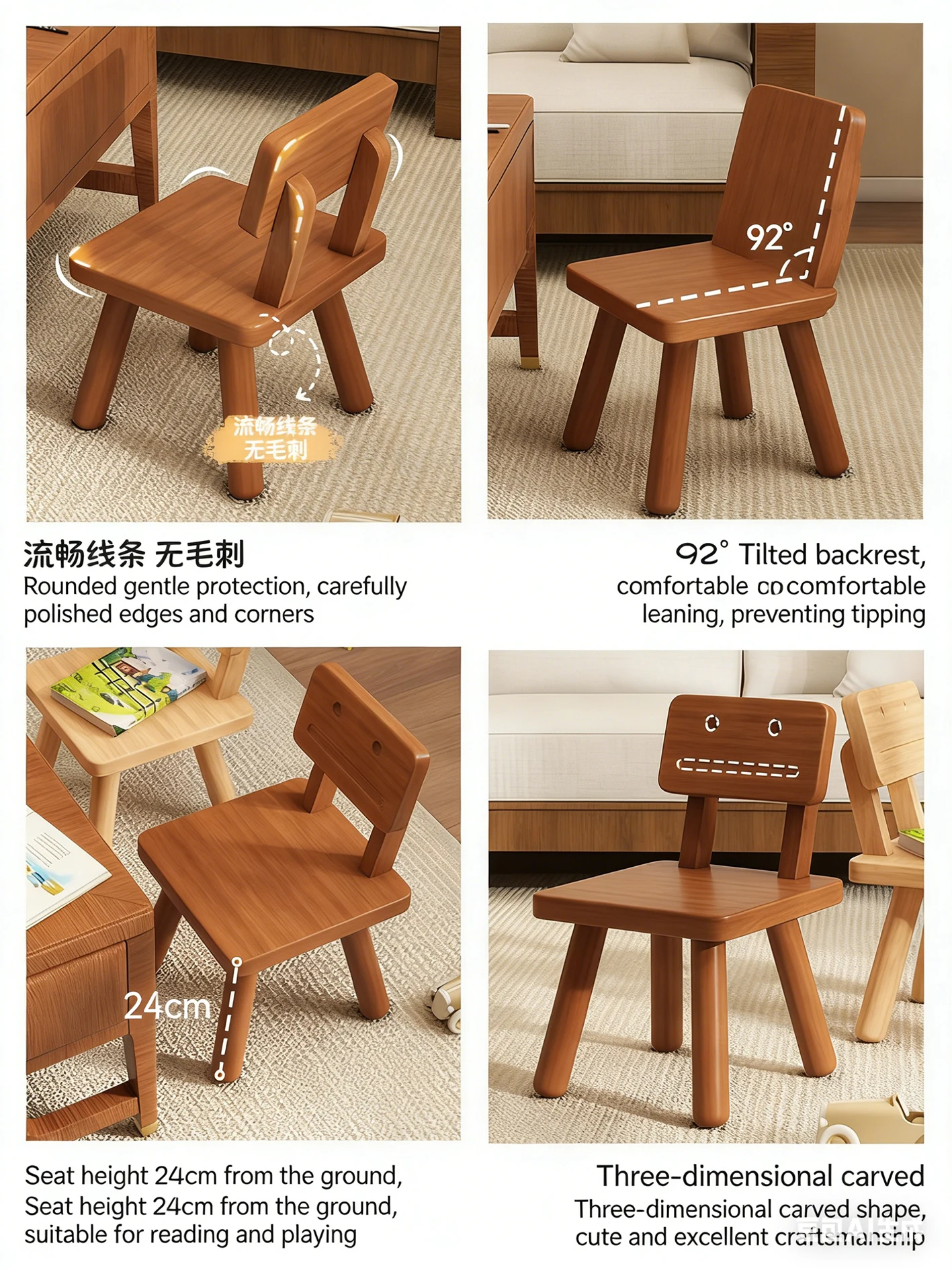 Solid Wood Robot Kids Chair, Cute Cartoon Design, Non-Slip Thick Legs, Eco-Friendly Finish, Ideal for Playroom, Bedroom & Living - view 5