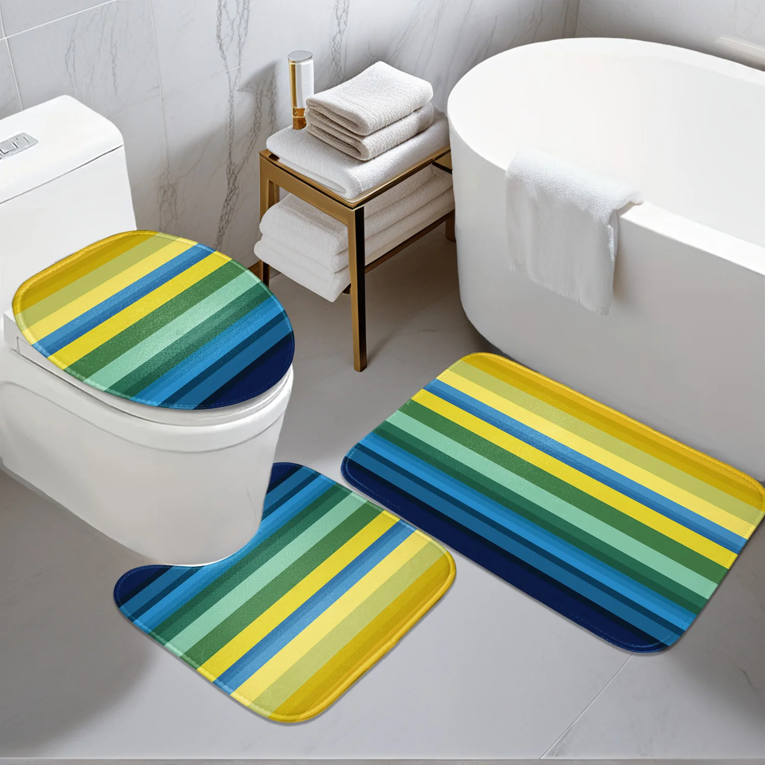 

Bathroom Anti-Slip Mat Set - 3pcs Kit with Colorful Striped 2D Flat Design, Digital Print - Includes Non-Slip Mat, U-Shaped Mat