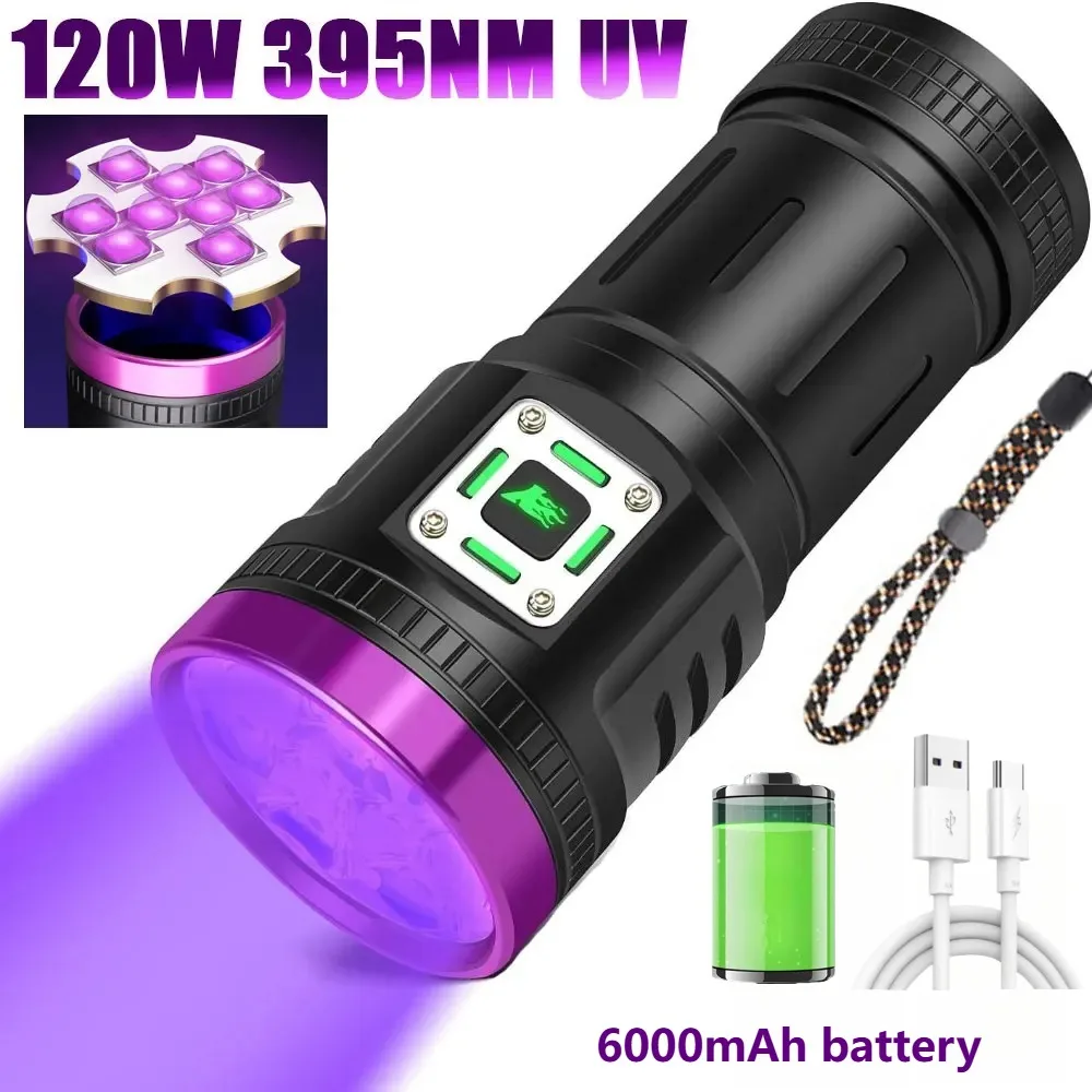 Linterna UV de 9 núcleos y 395nm, recargable tipo C, luz negra portátil, lámpara ultravioleta para detector de orina de mascotas y verificación de dinero