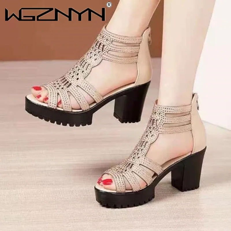 2025 Summer Women High Heel Shoes Rome Women Peep Toe Platform Chunky Heel Gladiator Sandals Outdoor Zip Dress Party Heeled Shoe