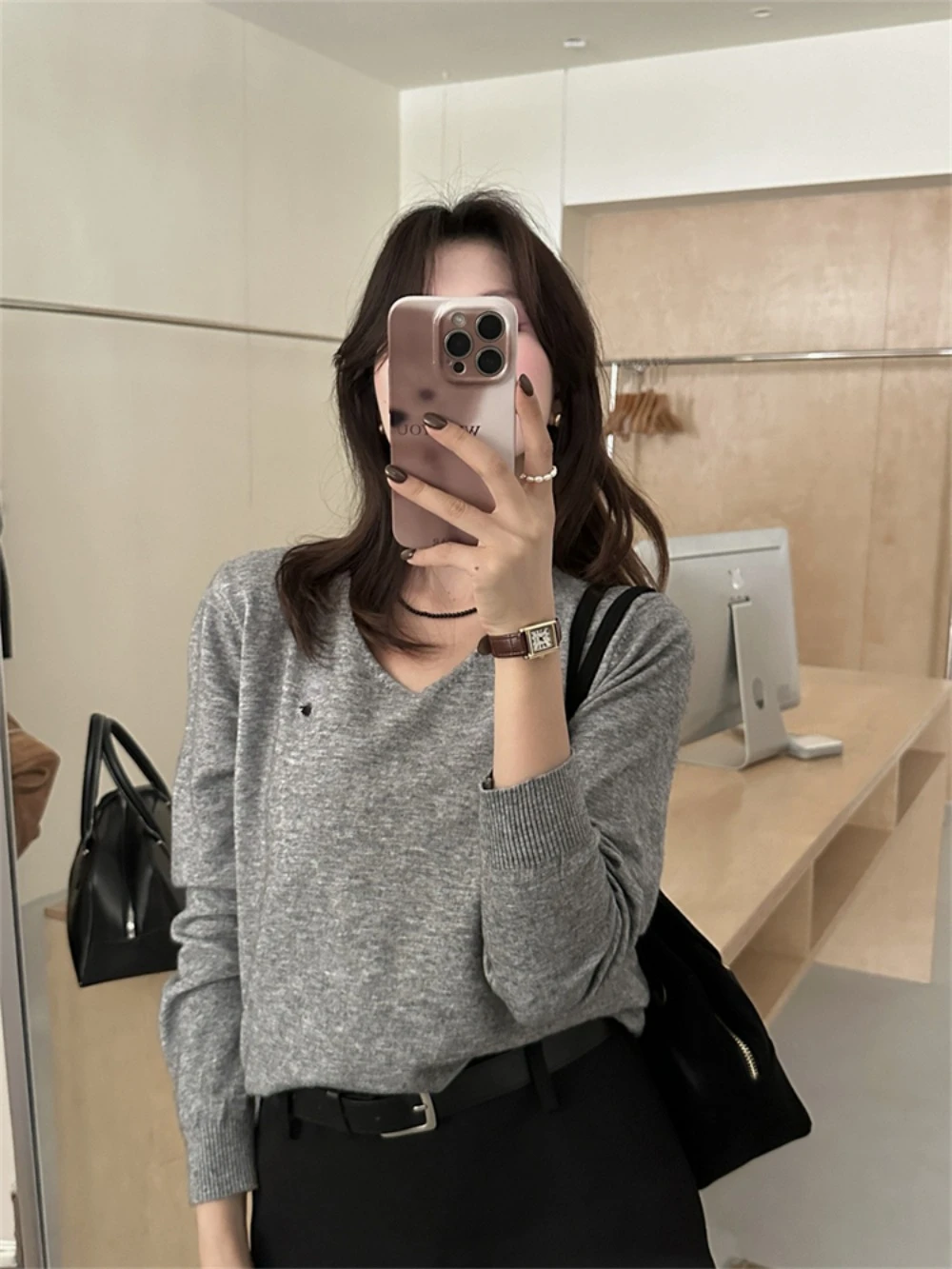 Deeptown Old Money Style V Neck Knitted Sweater Women Outfit Korean Fashion Casual Jumper Female Basic Embroidery Knitwear New