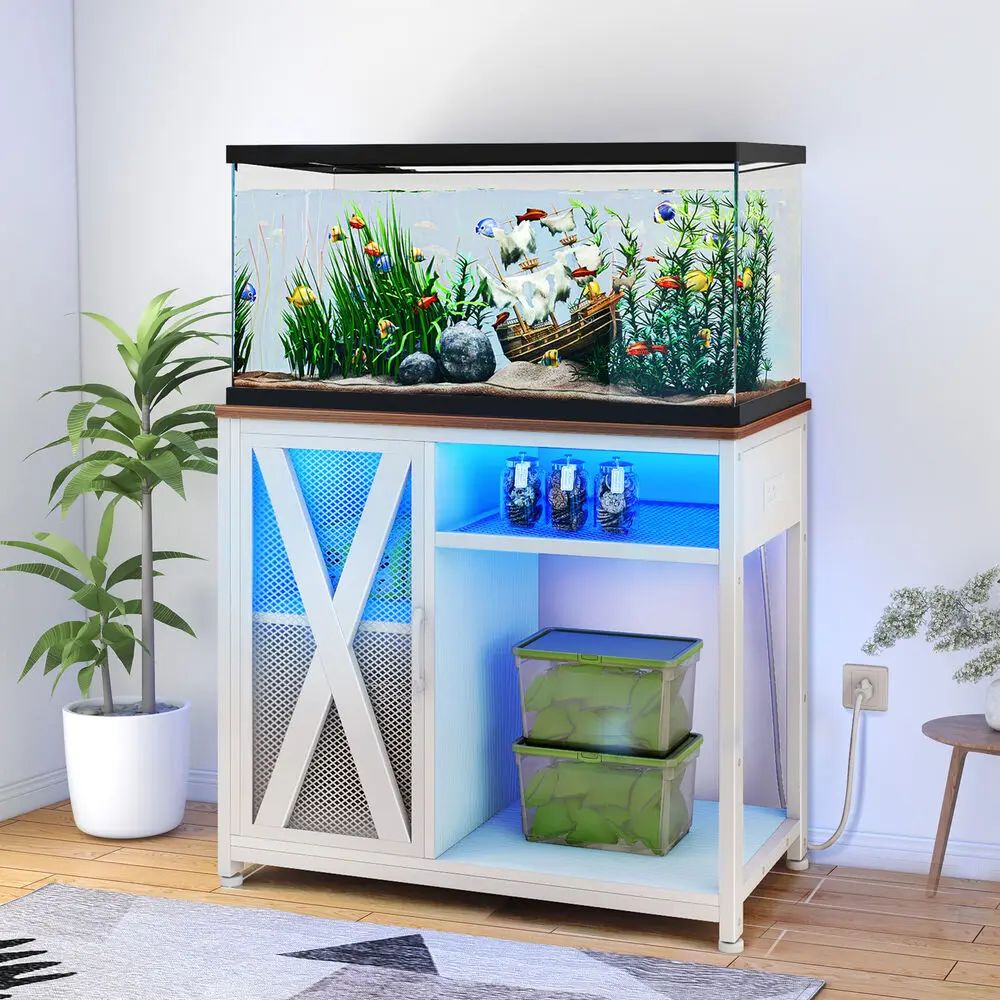 40-50 Gallon Aquarium Stand Cabinet with Power Outlets & LED Light For Fish Tank