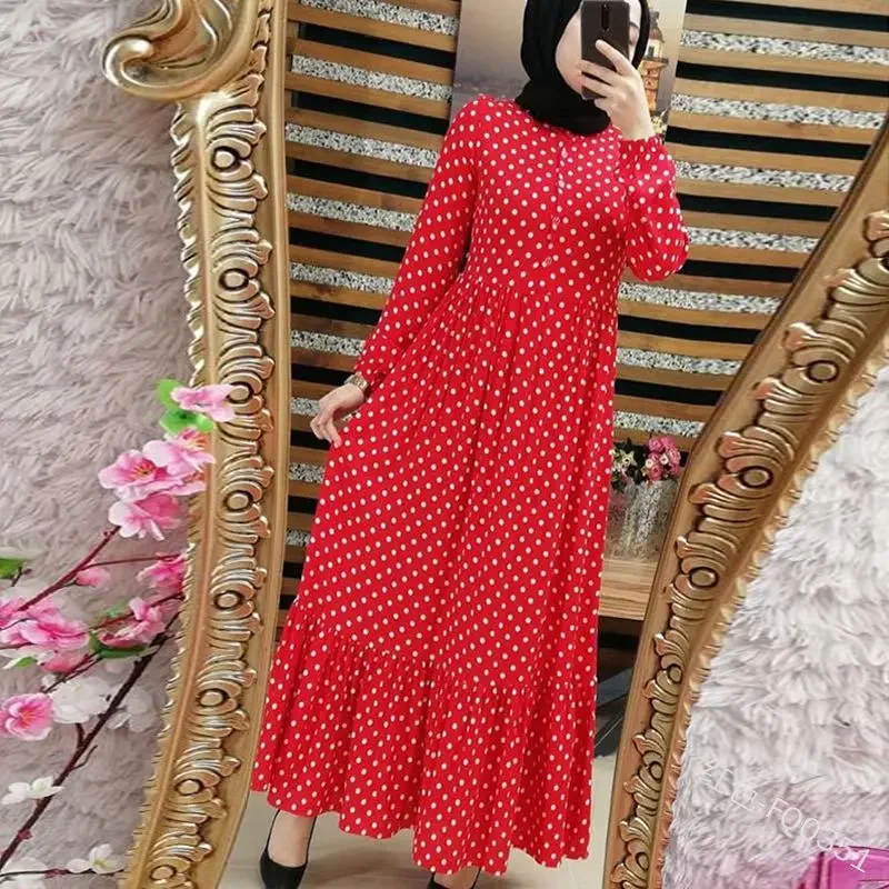 

Maxi Dress Women Long Sleeve High Waist Big Swing Abaya Trend Printed Muslim Dress Polka Dot Loose and Elegant Islamic Clothing