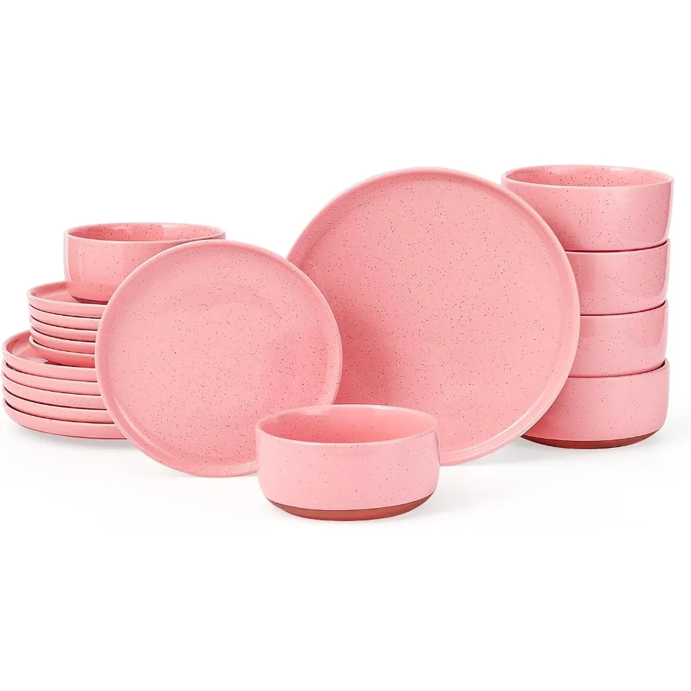 

GZG Modern Art Series - 18 Pcs Speckled Stoneware Plates and Bowls Sets, Ceramic Dinnerware Set with Rustic Terracotta Underside