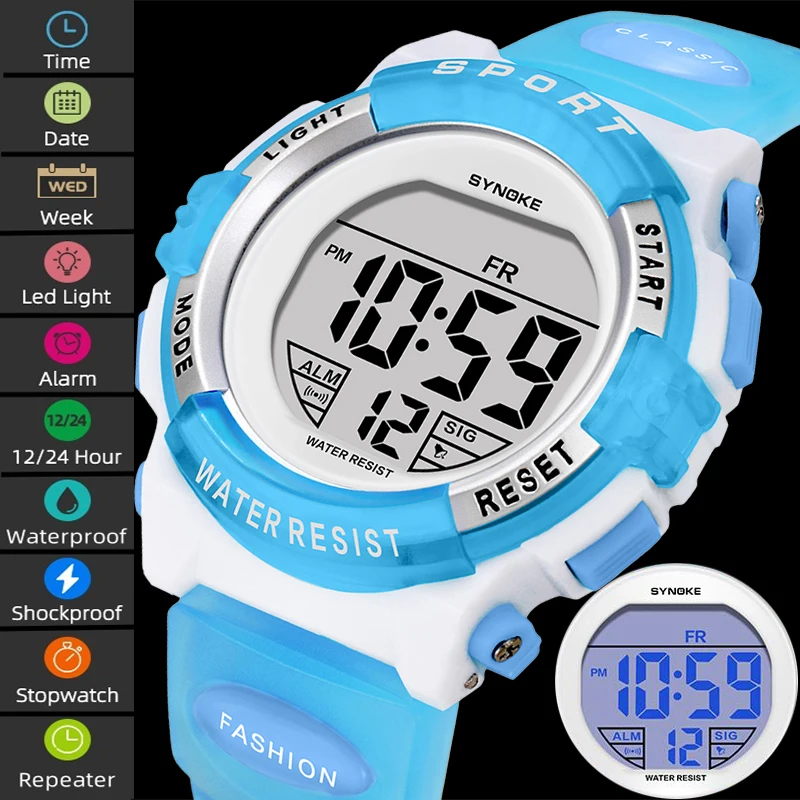 

Synoke Kids Digital Watches Colorful Light PU Strap 50M Waterproof Led Sport's Children Wristwatch Boy Girl Alarm Clock