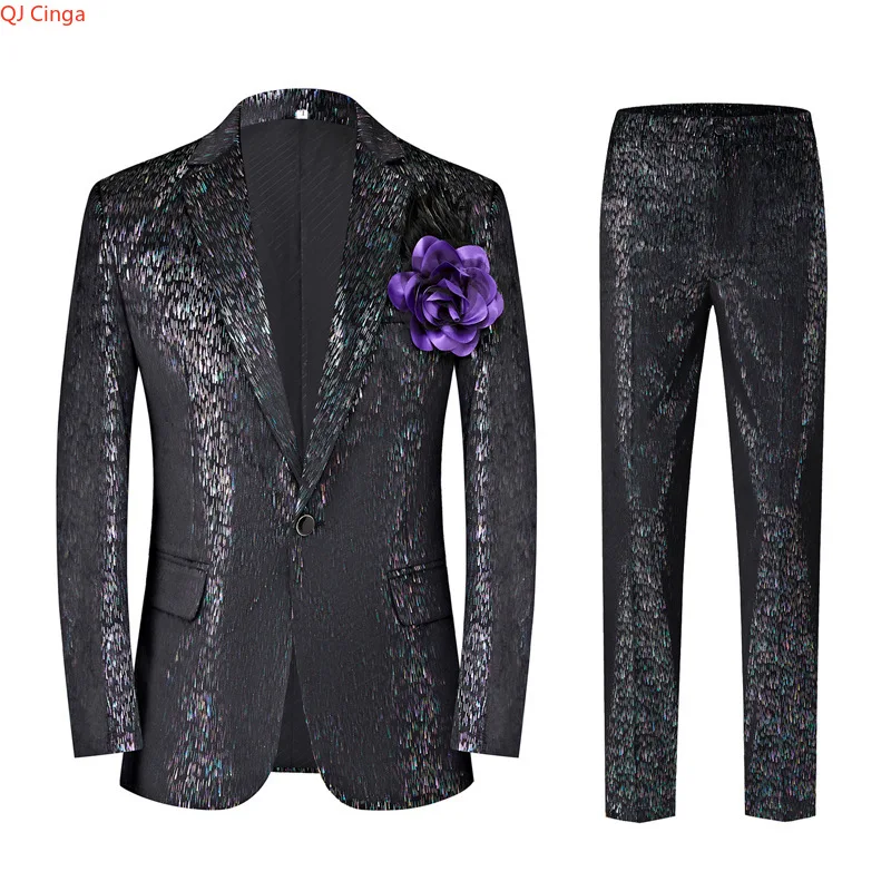 

Luxurious Black 2-piece Men's Suit Featuring A Tuxedo Jacket and Pants with Gold Speckled Detailing,perfect for Weddings Parties
