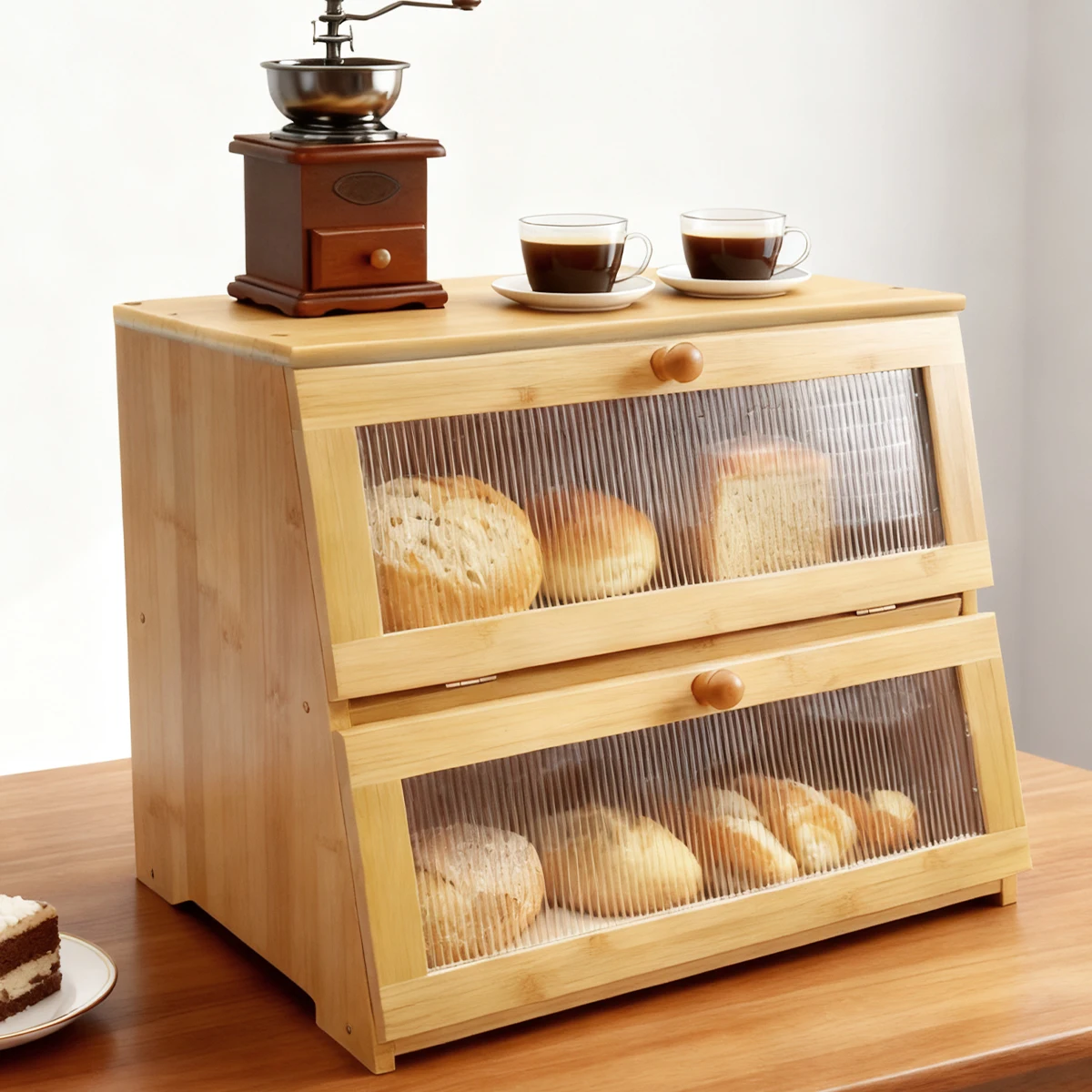 

Бамбуковая двухслойная хлебная коробка с акриловым окном, очень большая вместимость, кухня в стиле фермерского дома для хранения свежих хлеба и кладовой