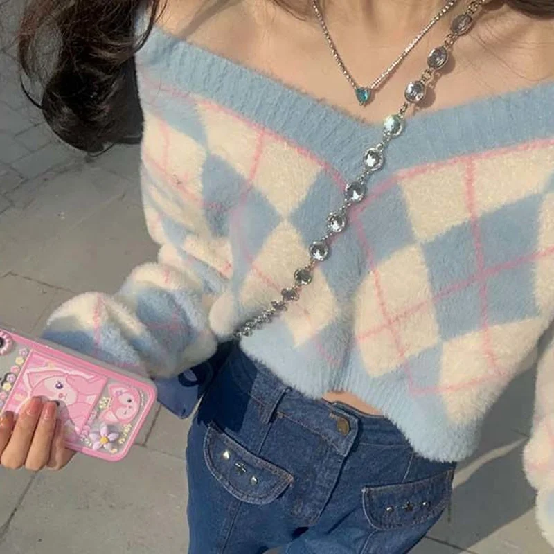 Pullovers Women Sweaters Argyle Korean Style Slash Neck Daily Spring Warm All-match Long Sleeves Casual Popular New Arrival Cozy